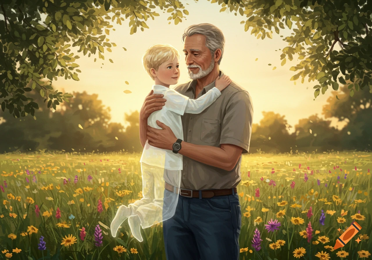 An older man embraces a translucent young boy in a sunlit field of wildflowers under a tree, digital painting.