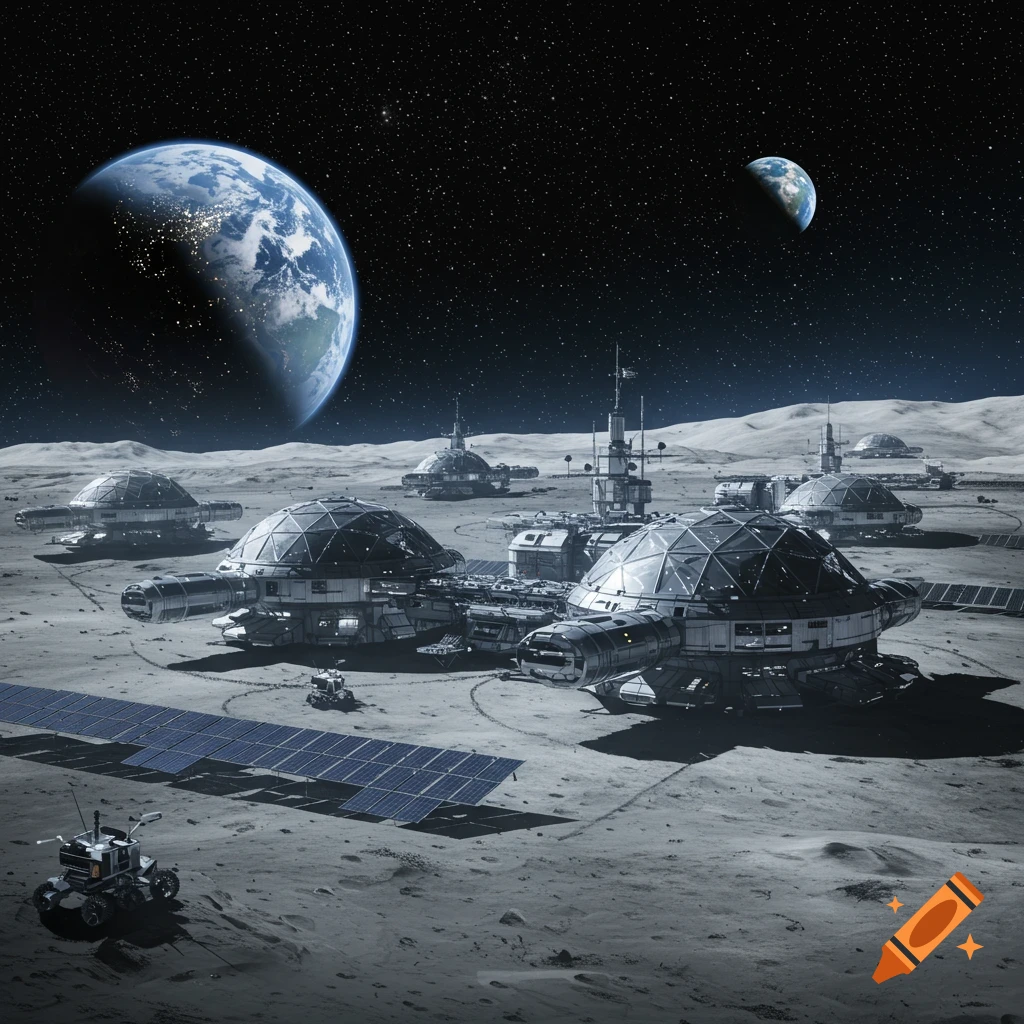 A photorealistic moon base featuring futuristic domed structures, solar panels, and a rover on the lunar surface, with Earth and stars in the background.