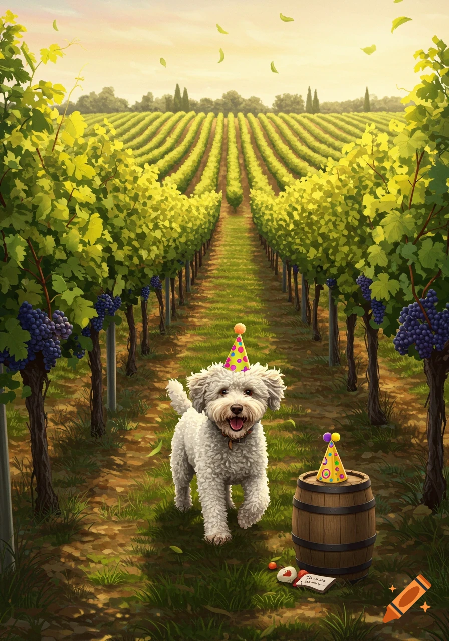 A happy white fluffy dog in a party hat runs in a sunny vineyard next to a small wooden barrel with another party hat.