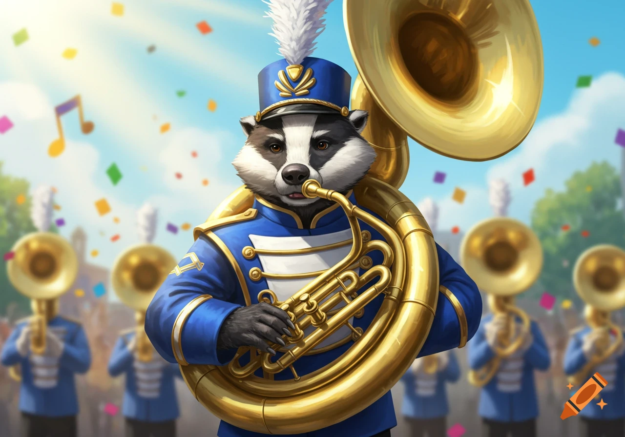 A photorealistic badger in a blue and white band uniform plays a sousaphone in a parade with confetti.
