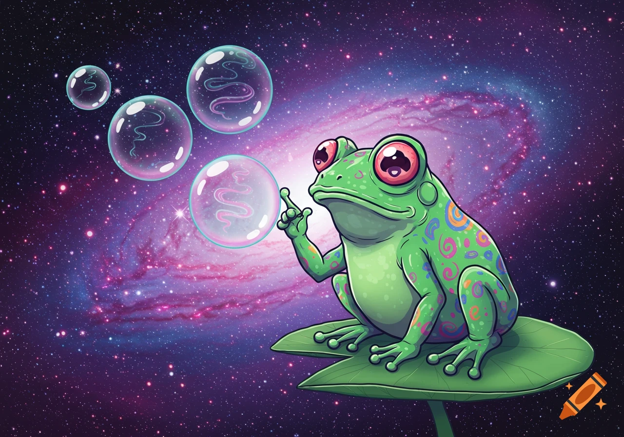 A vibrant, psychedelic cartoon frog sits on a lily pad in space, blowing bubbles with a galaxy background.