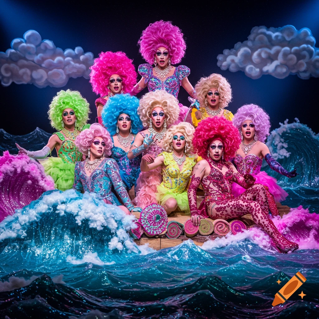 A group of elaborately dressed drag queens with colorful wigs pose theatrically on a raft in shimmering, stylized ocean waves under a dramatic sky.