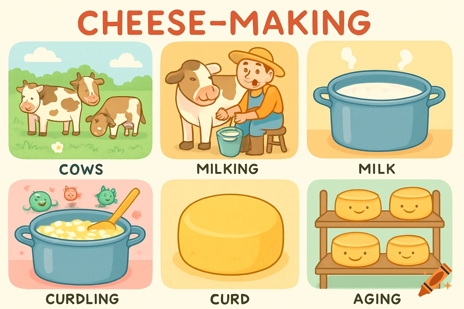 Educational illustration showing six steps of cheese-making: cows, milking, milk, curdling, curd, and aging.
