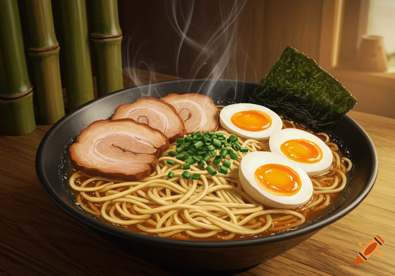 Illustrative image of a steaming bowl of ramen with pork, eggs, green onions, and nori.