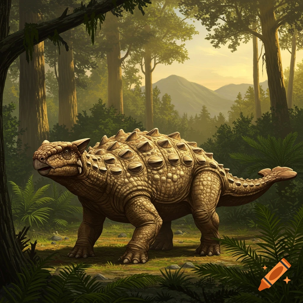 A large, brown Ankylosaurus with bony plates and a club tail walks through a lush, sunlit prehistoric jungle.