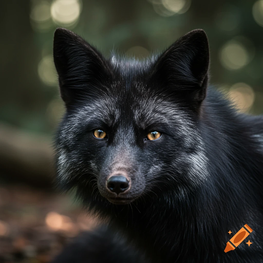 Close-up photorealistic portrait of a black fox with silver guard hairs and intense golden eyes, against a blurred forest background.