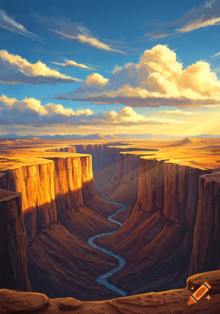 Stylized painting of a river winding through a deep canyon under a vibrant blue and orange sunset sky with dramatic clouds.