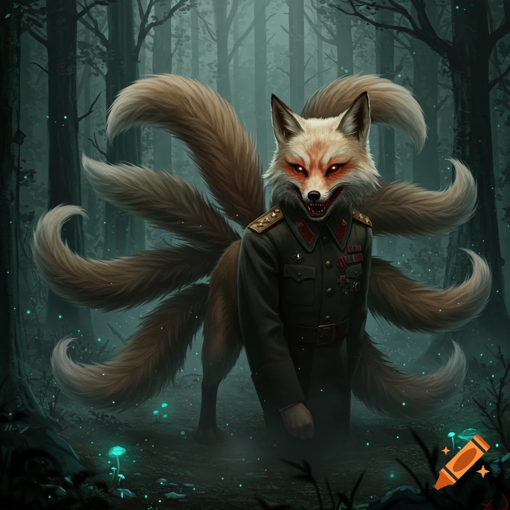 A scary kitsune in a military uniform with glowing red eyes and bared fangs stands in a misty, dark forest with glowing mushrooms.