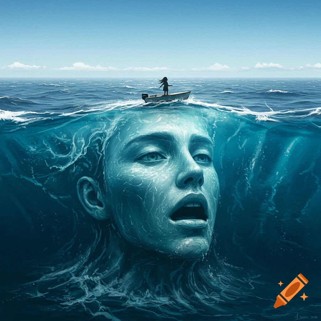 A giant, screaming water face rises from the deep ocean, below a small boat with a girl on the turbulent surface.