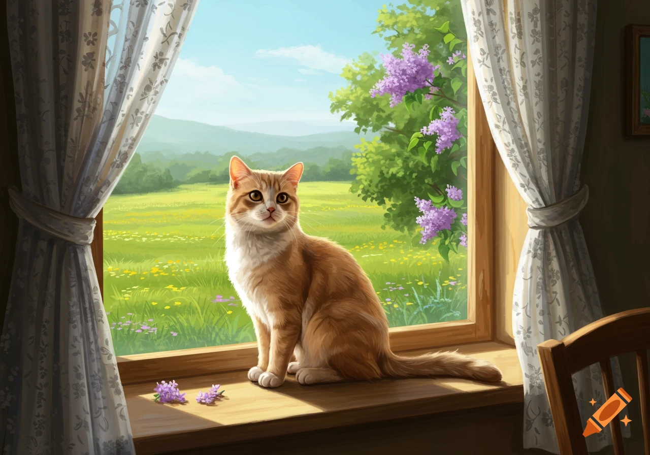 An illustrated ginger and white cat sits on a windowsill looking out at a sunny field with purple flowers and a distant tree.