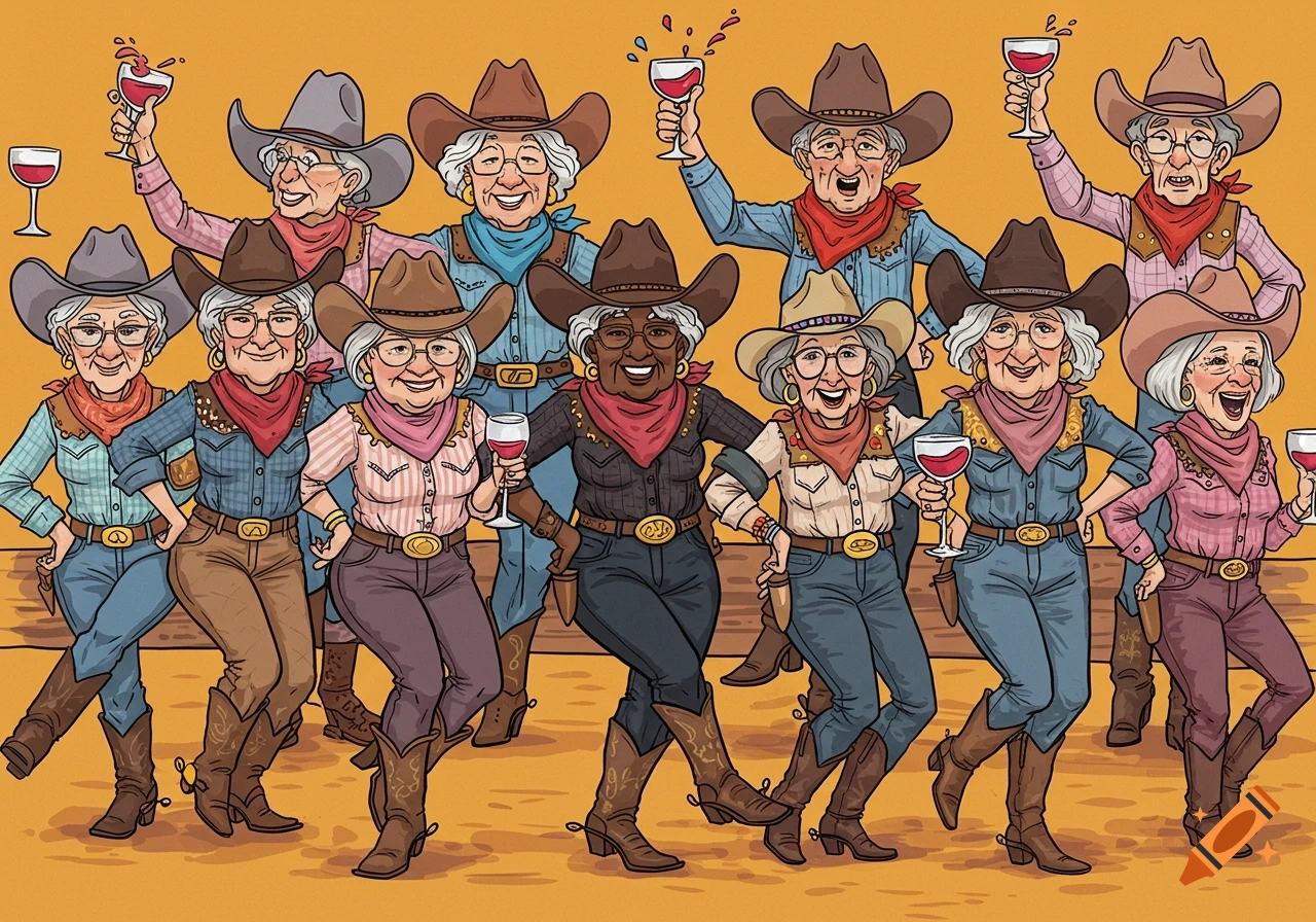 A line of diverse grandmas in cowboy hats and boots, dancing and drinking wine, in a vibrant, crazy cartoon style.