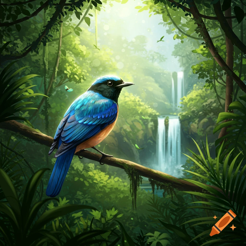 An illustration of a blue and orange bird perched on a branch in a vibrant green jungle with waterfalls in the background.
