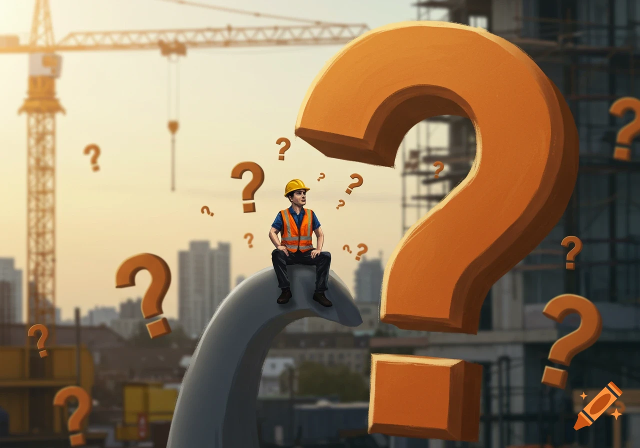 A construction worker sits on a large question mark in front of a construction site, surrounded by smaller floating question marks.