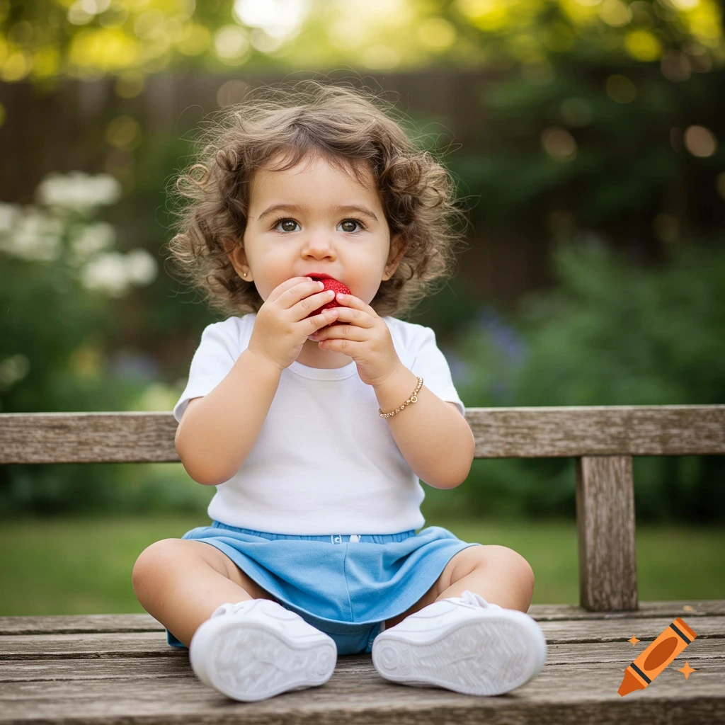 A photorealistic image of a cute baby with curly hair sitting on a wooden bench, eating a strawberry.
