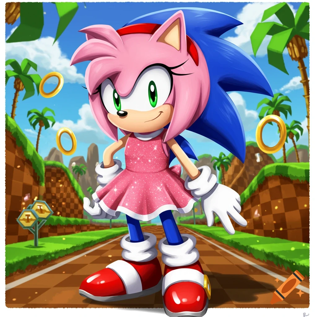 Cartoon character Sonic dressed as Amy Rose in a sparkly pink dress on a checkerboard path with golden rings and palm trees.