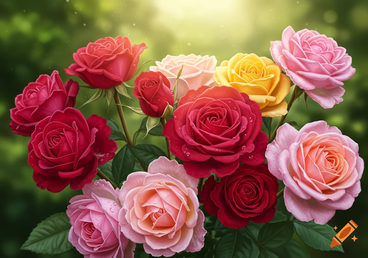 A stunning bouquet of vibrant red, pink, and yellow roses with dewdrops, set against a lush green garden background bathed in morning light.
