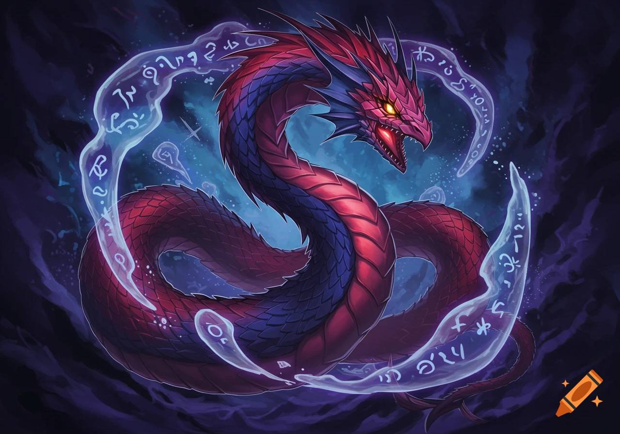 A red and purple scaled wyrmling dragon with glowing yellow eyes, encircled by ethereal blue magic glyphs, in a dark fantasy art style.