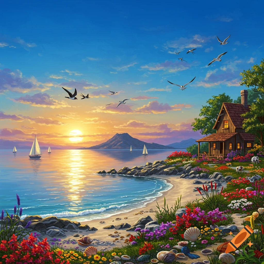 Vibrant painterly seascape at sunset with a cozy cottage, a flower-filled garden, boats on the water, and birds flying over a distant island.