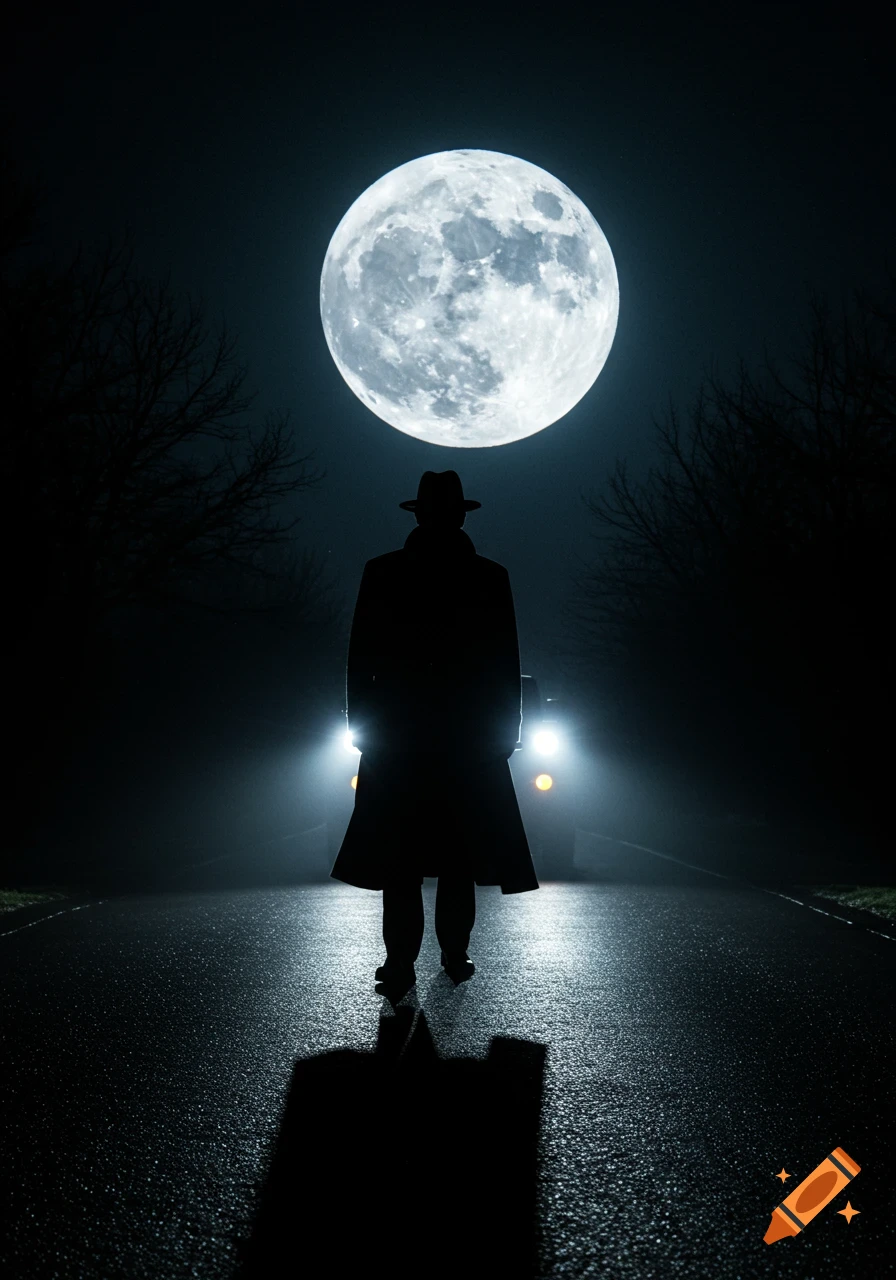 A silhouetted man in a trench coat and fedora stands on a dark, wet road, illuminated from behind by car headlights, with a large full moon overhead.