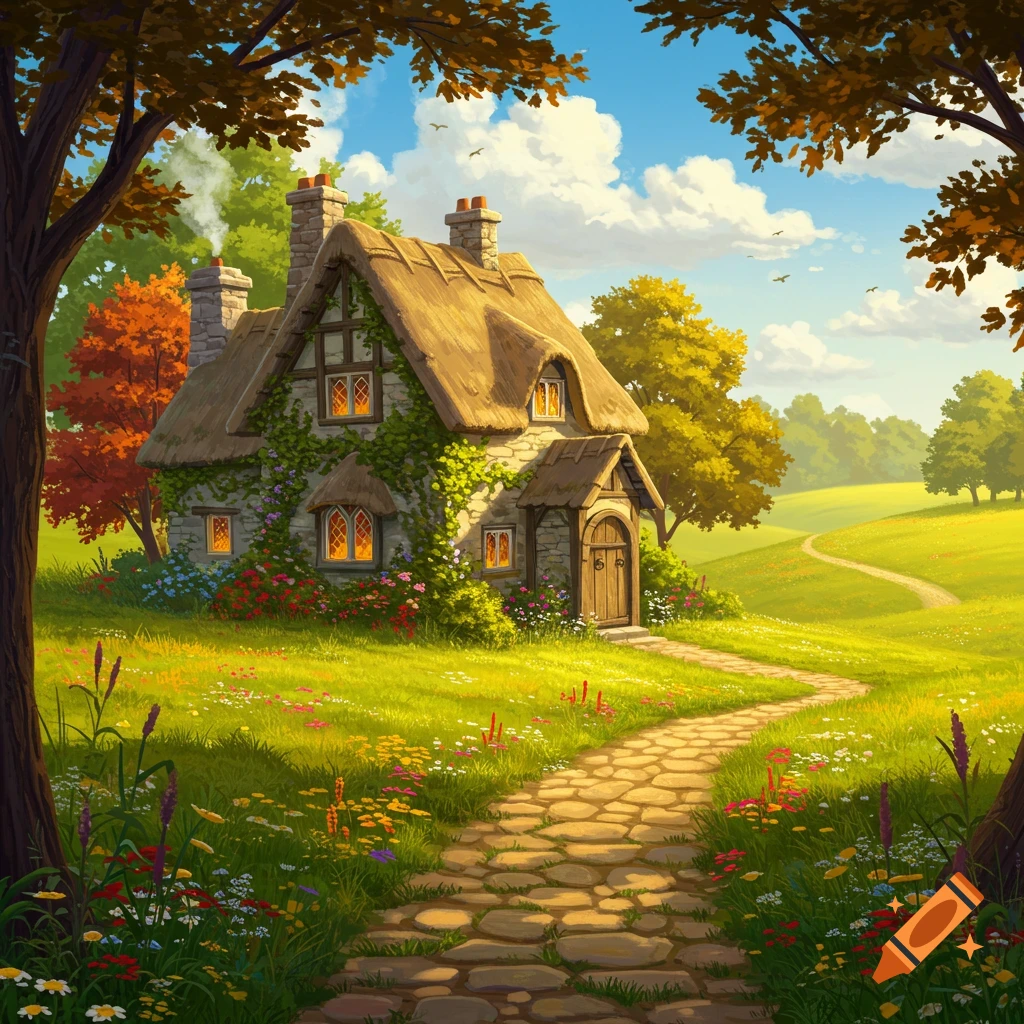A charming thatched-roof cottage in a vibrant green meadow with a stone path, framed by autumn trees under a blue sky.