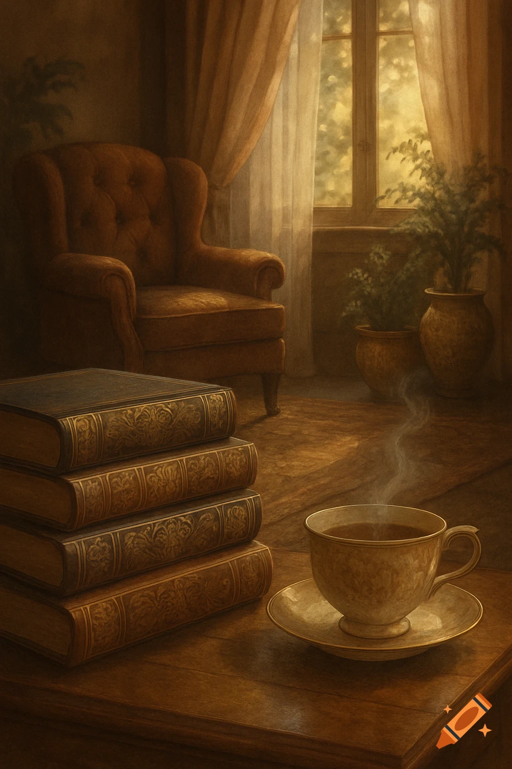 A cozy interior scene with a stack of old books, a steaming cup of coffee, and an armchair by a sunlit window.