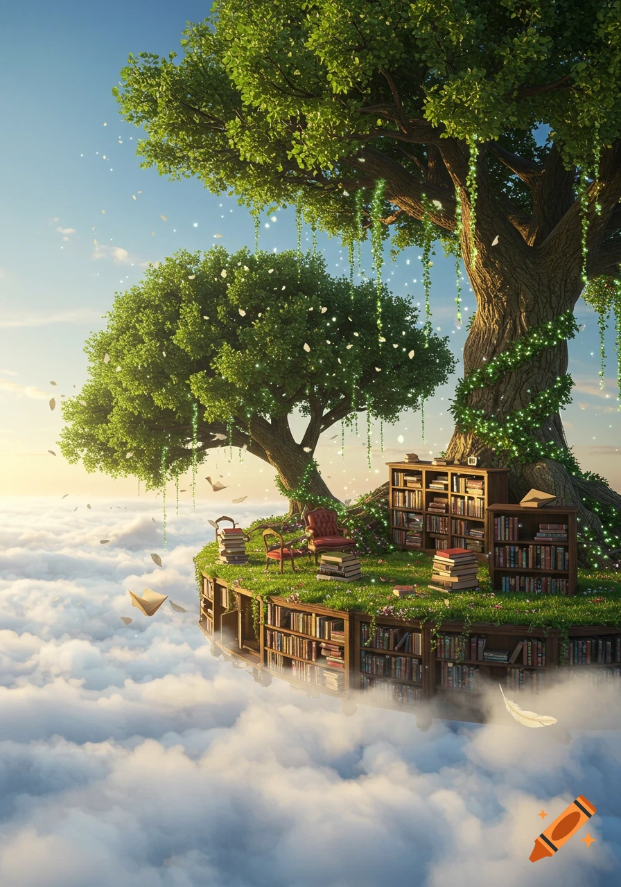 A whimsical library forest in the sky, with bookshelves and chairs nestled under a large tree on a floating island above clouds.