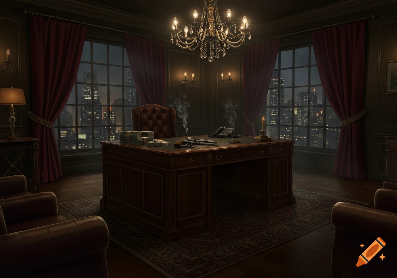 A dimly lit, luxurious dark office at night with a large wooden desk, stacks of money, a revolver, and a telephone, overlooking a city skyline.