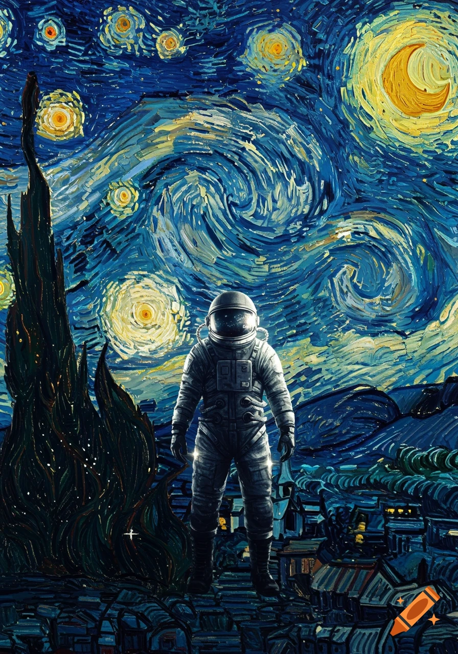 An astronaut stands facing forward in a swirling, starry night sky above a village, rendered in the distinctive impasto style of Vincent Van Gogh.