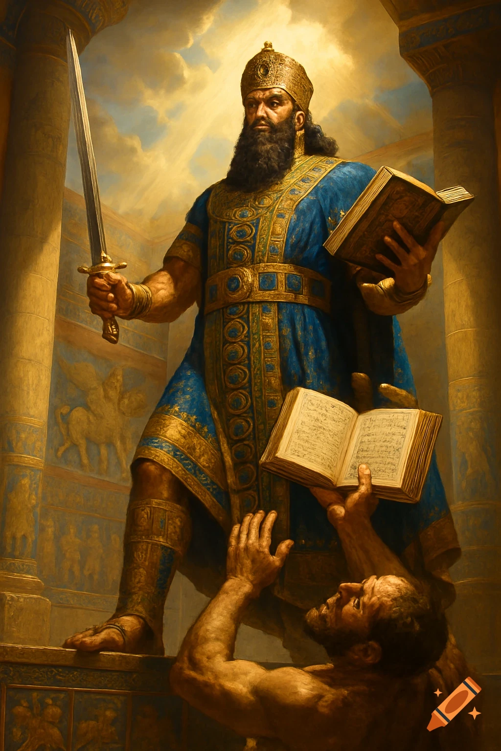 A powerful Assyrian king in blue and gold robes holds a sword and a book, standing over a kneeling man.