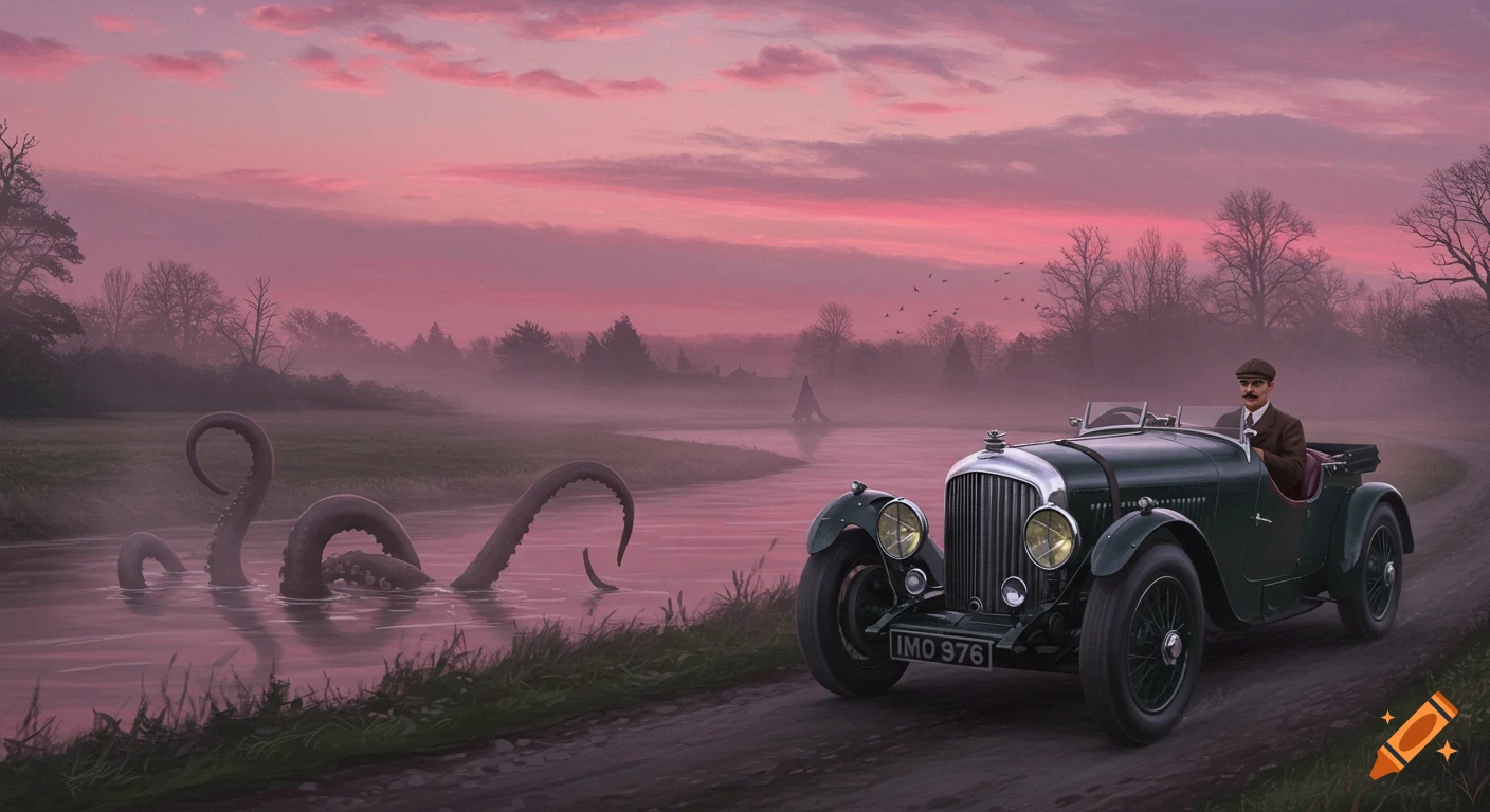 A vintage green Bentley car with a driver at sunset, featuring a pink sky and fog. Large tentacles emerge from a river beside the road.
