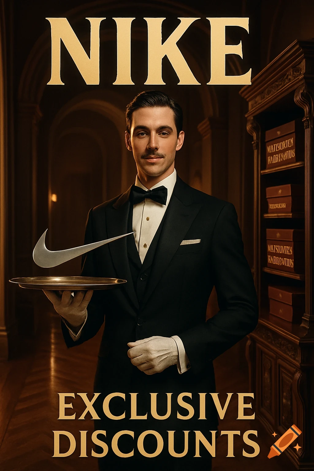 A man dressed as a butler in a formal setting holds a gold tray with a floating silver Nike swoosh. Gold text reads "NIKE" and "EXCLUSIVE DISCOUNTS".