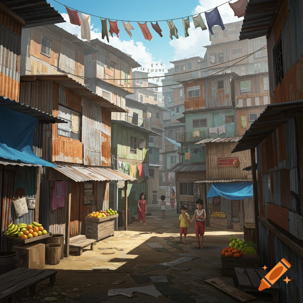 Digital painting of a crowded slum street with shacks, fruit stands, and children walking, under clotheslines against a blue sky.