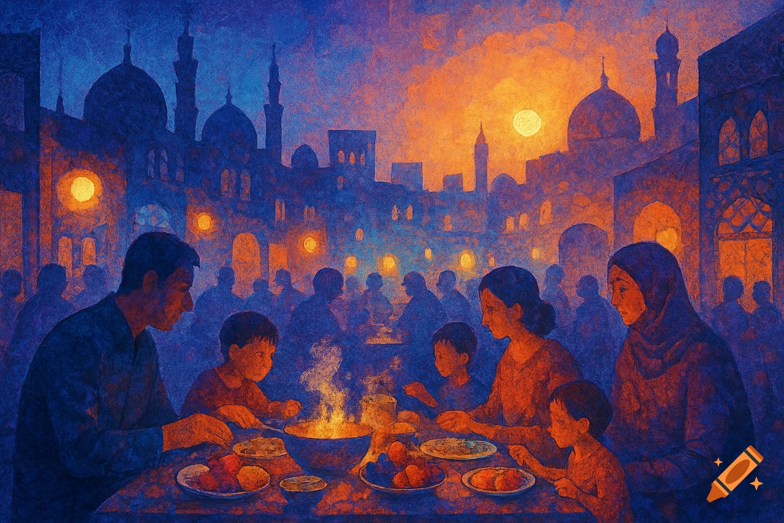 Vibrant painting of a family eating an outdoor meal at dusk, with mosques and city lights in the background.
