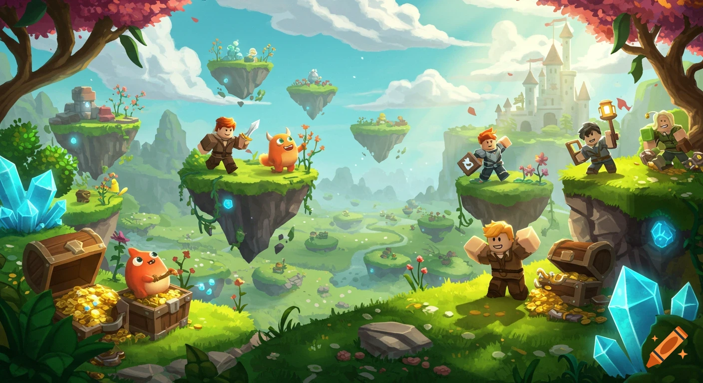 Vibrant cartoon fantasy illustration of blocky characters and a monster exploring a world of floating islands, a distant castle, treasure chests, and glowing crystals.