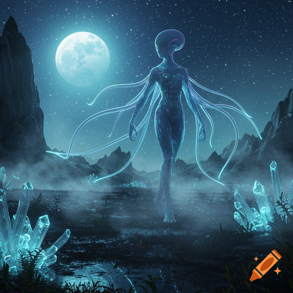 A glowing alien creature with tentacles stands on a misty, crystal-laden alien landscape under a large full moon and starry sky.