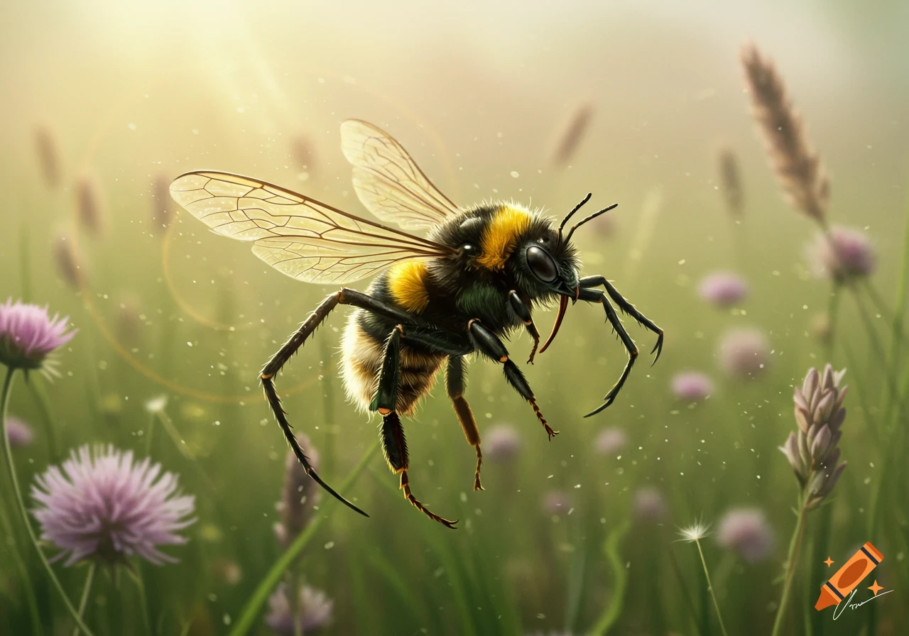 A detailed, realistic image of a bumblebee with long, spider-like legs hovering in a sun-drenched field among purple flowers.