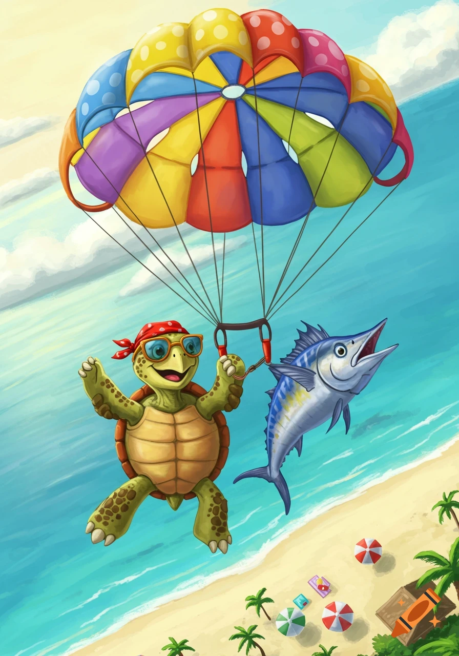 A happy cartoon turtle and a wahoo fish parasailing high above a tropical beach with palm trees and umbrellas.