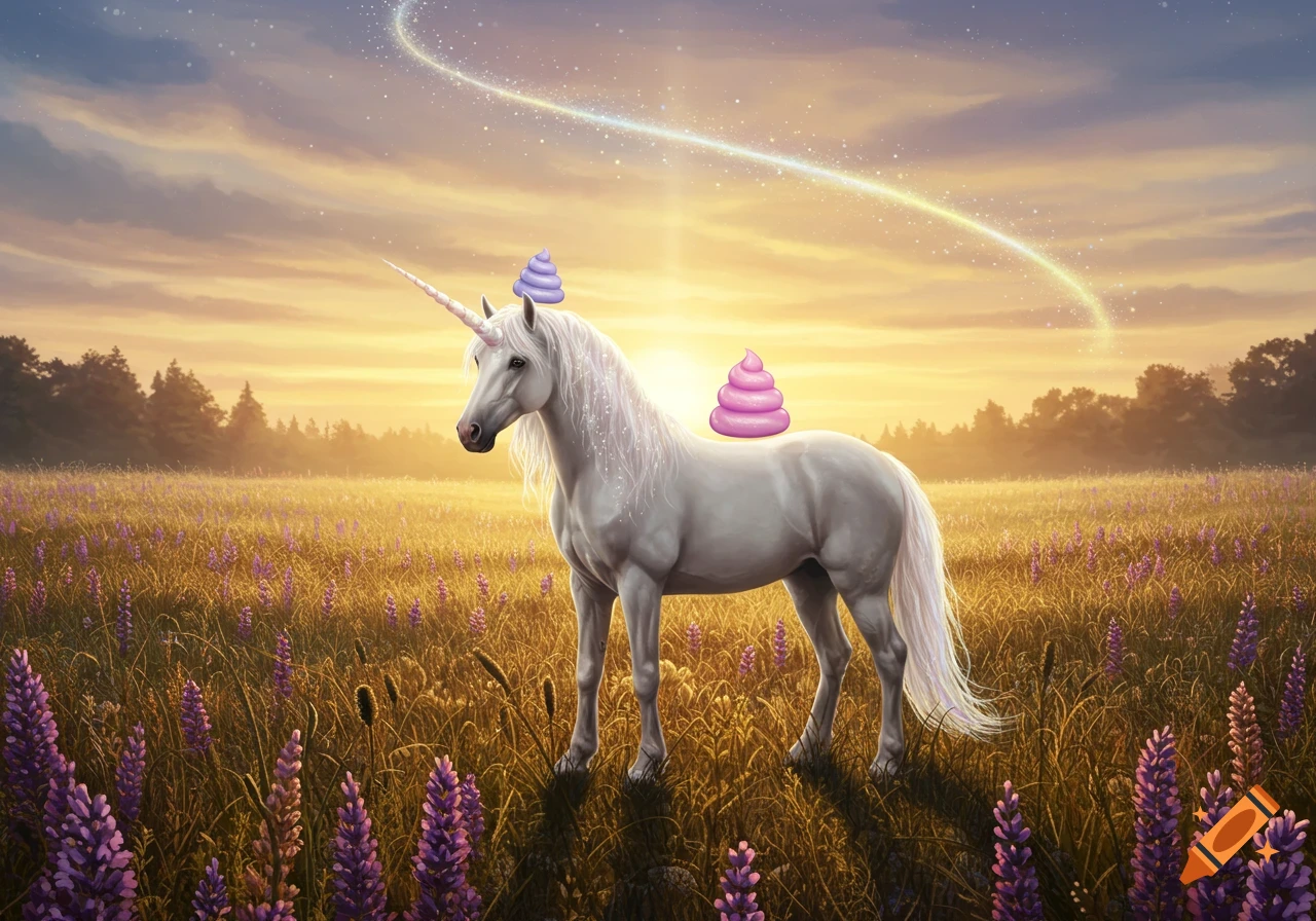 A white unicorn with purple and pink cartoon poop on its head and back stands in a golden field of purple flowers under a sparkling sunset.
