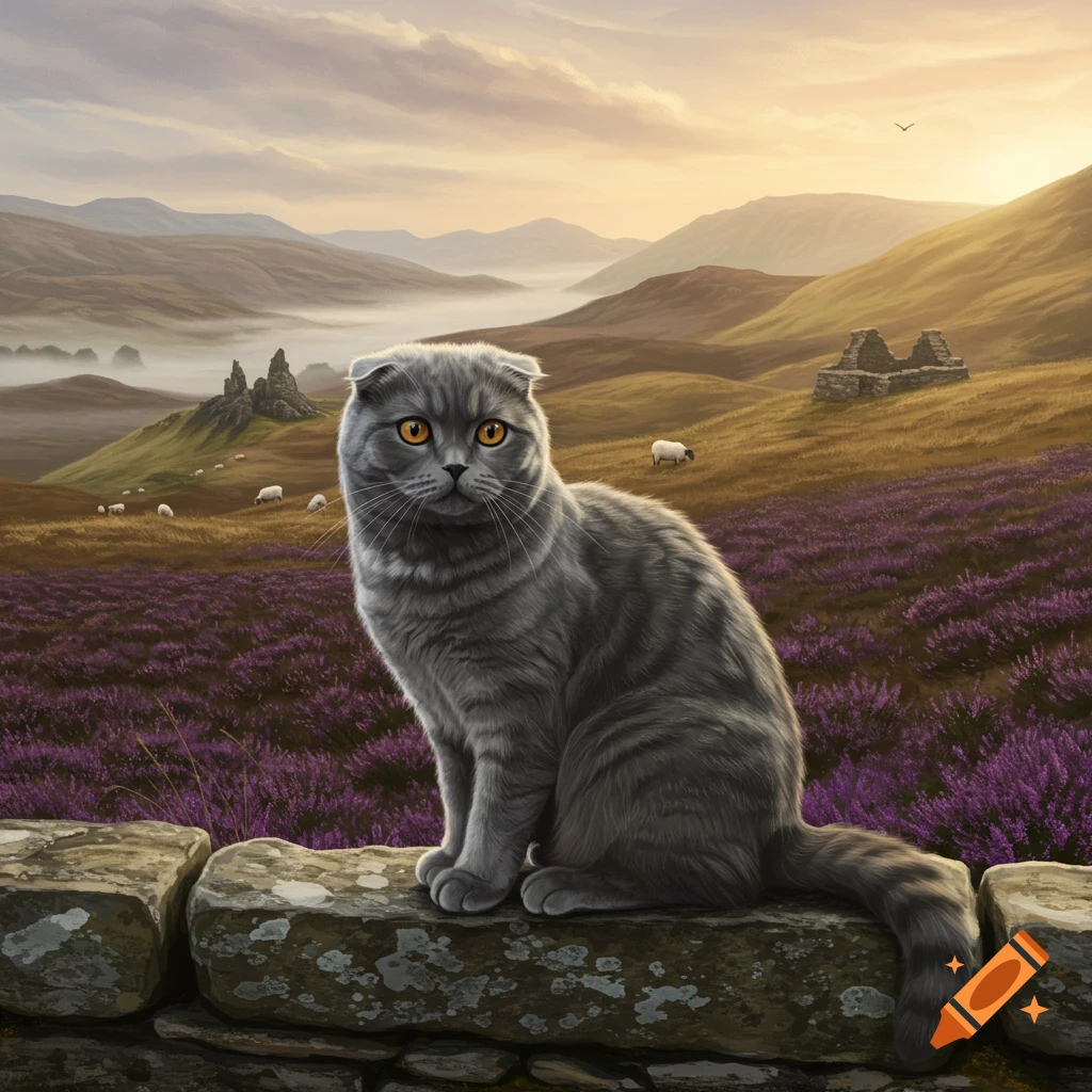 A grey Scottish Fold cat with amber eyes sits on a stone wall overlooking a misty landscape with purple heather.