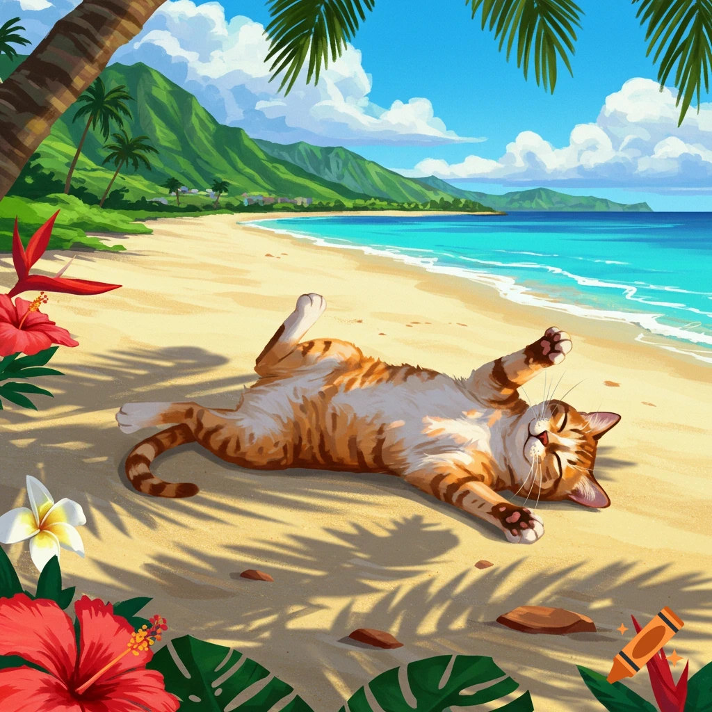 An orange tabby cat lounges on a sunny tropical beach with palm trees, blue ocean, and hibiscus flowers in a vibrant illustration.