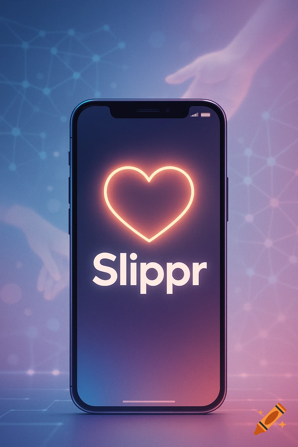 A smartphone displays a glowing orange heart and the word 'Slippr' on its screen, against a network pattern background.