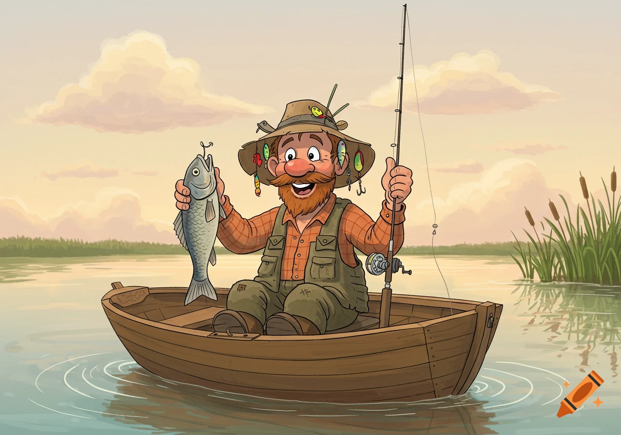 A happy cartoon fisherman in a boat on a lake holds up a freshly caught fish, smiling.