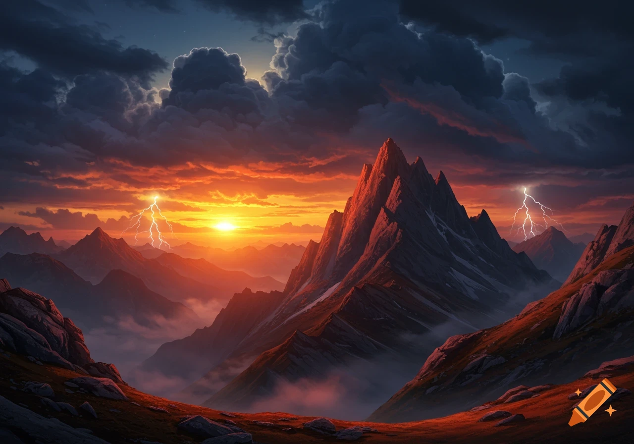 Dramatic mountain landscape at sunrise with vibrant orange and red clouds and lightning strikes.