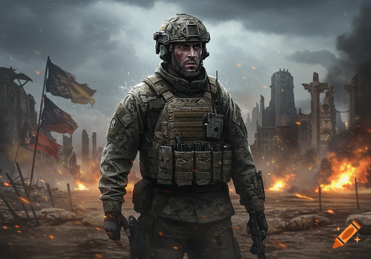Photorealistic image of a soldier in tactical gear standing in a destroyed city with fires and smoke under a cloudy sky.