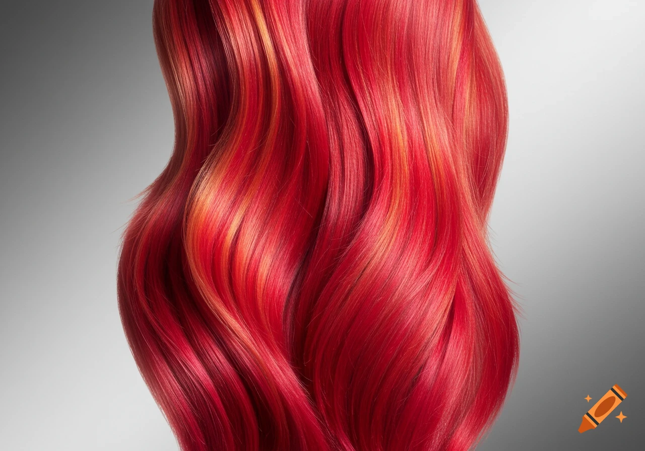 Close-up of wavy, vibrant red hair with orange highlights against a gradient gray background.