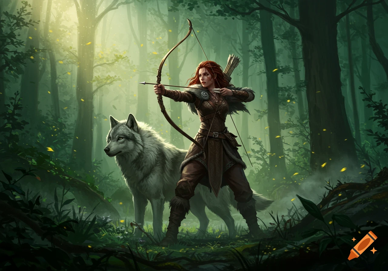 A red-haired fantasy archer huntress aims her bow and arrow, accompanied by a white wolf in a mystical, sunlit forest.