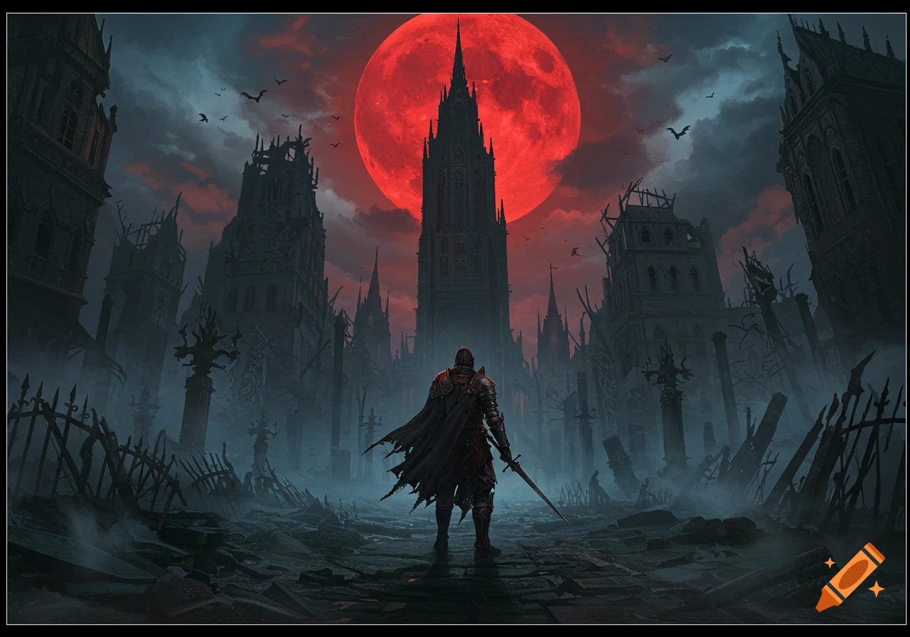 A lone warrior stands in a ruined gothic city under a blood-red moon with bats flying. Dark fantasy art.
