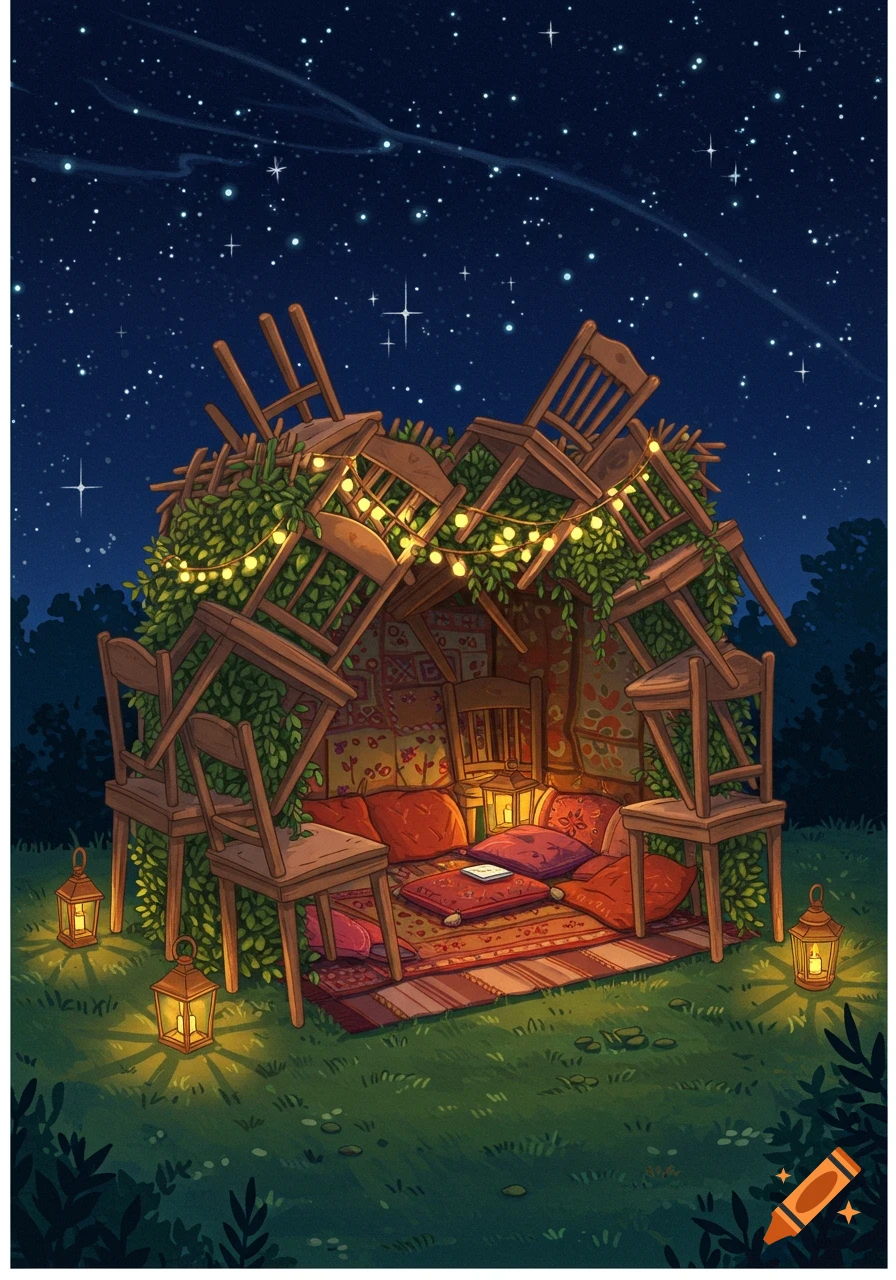 A whimsical fort made of stacked wooden chairs and leafy branches, strung with glowing fairy lights, sits on green grass under a starry night sky.