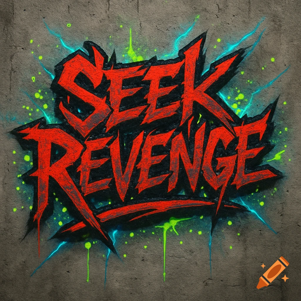 Red graffiti text 'SEEK REVENGE' with black outline, green splatters, and blue neon highlights on a concrete wall.