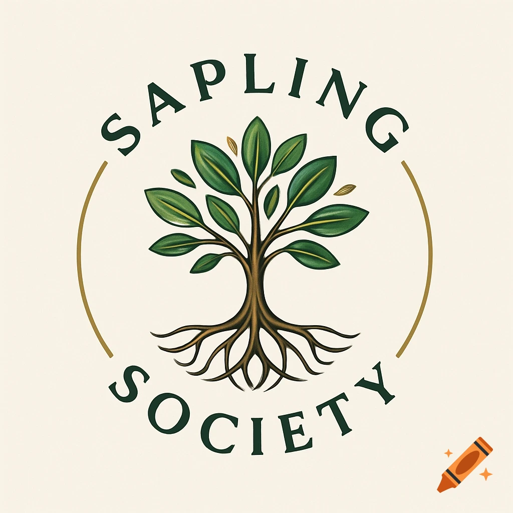 A cream background logo for Sapling Society featuring a detailed tree with green leaves and brown roots encircled by a golden line.